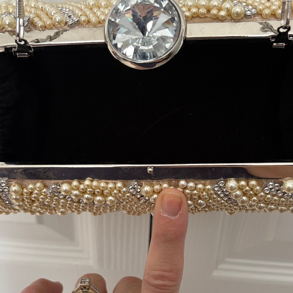 Pearl-Embellished Evening Clutch with Crystal Accent - Ivory/Champagne - Picture 4 of 5
